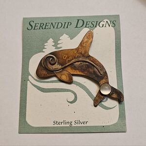 Serendip Designs Sterling Silver Orca Moonstone Pin Brooch